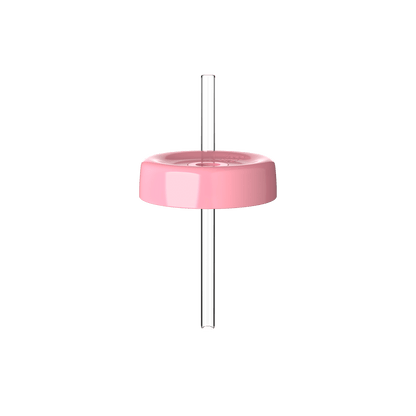 KeepCup Commuter Coffee Straw Lid in Peony, shown from a straight-on angle featuring the pink circular lid with a clear reusable straw inserted through the center opening.