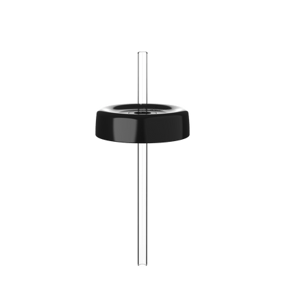 KeepCup Commuter Coffee Straw Lid in black, shown from a straight-on angle with a clear reusable straw inserted through the center hole, displayed against a white background.