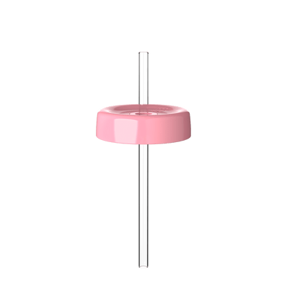 KeepCup Commuter Coffee Straw Lid in Peony, shown from a straight-on angle featuring the pink circular lid with a clear reusable straw inserted through the center opening.