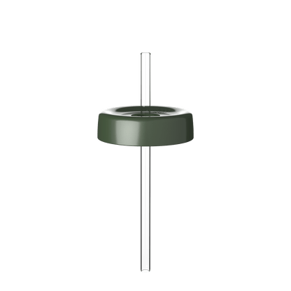 KeepCup Commuter Coffee Straw Lid in Pine color shown from a straight-on angle, featuring the olive green circular lid with a clear reusable straw inserted through the center opening.