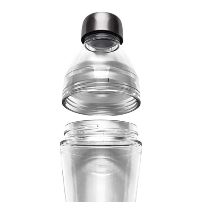 Clear KeepCup plastic water bottle with silver cap on a white background