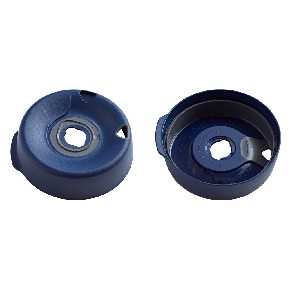 Navy Splashproof Lid Base shown from two angles against a white background, displaying the top view with central opening and gray silicone seal on the left, and the underside with molded text and locking mechanism on the right.