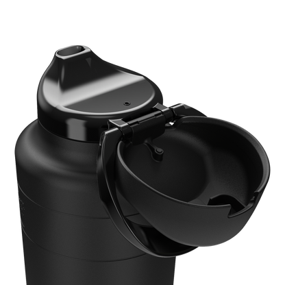 KeepCup Ora Bottle in Black, close-up detail shot showing the flip-top lid mechanism open with the drinking spout exposed and the protective cap hinged to the side.