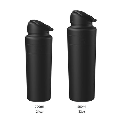 Two KeepCup Ora Bottles in Black shown side by side against a white background, comparing the 700ml (24oz) and 950ml (32oz) sizes, both featuring matte black finish with flip-top lids.