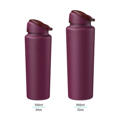 Two KeepCup Ora Bottles in Mulberry shown side by side against a white background, displaying the 700ml (24oz) and 950ml (32oz) size options, both featuring a deep plum color with matching flip-top lids.