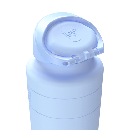 Close-up view of the Ora Bottle in Orchid, showing the flip-top lid open to reveal the drinking spout, with the KeepCup logo embossed on the lid's inner surface.
