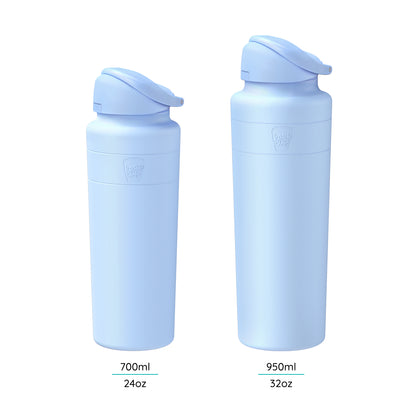 KeepCup Ora Bottle in Orchid, a light blue insulated water bottle with flip-top lid, shown in two sizes: 700ml (24oz) and 950ml (32oz) side by side against a white background.