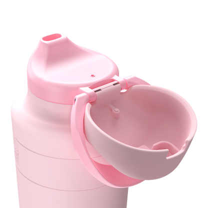 Close-up of the KeepCup Ora Bottle in Pashmak Pink, showing the flip-cap opened shot from behind, designed drinking on the go.