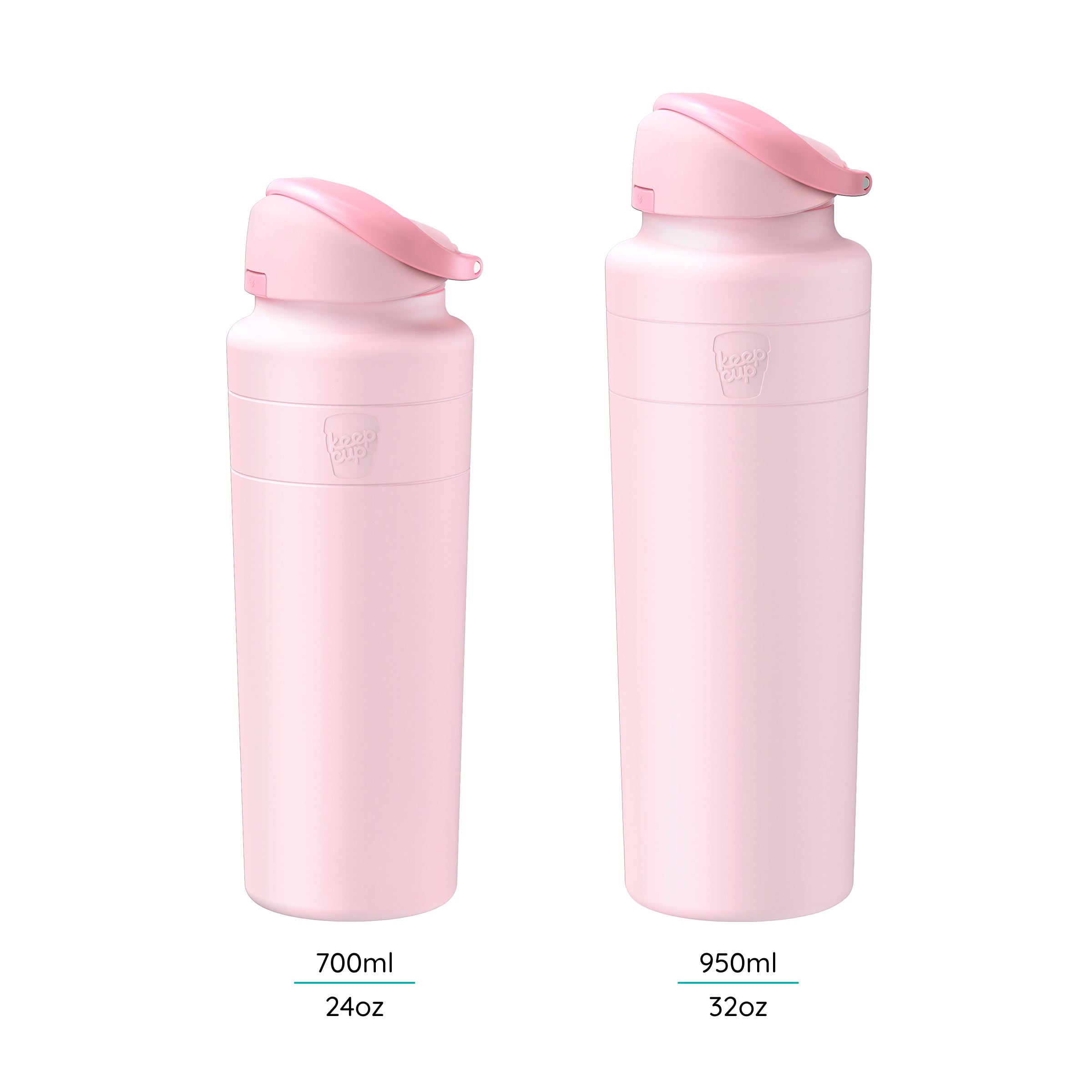 Two KeepCup Ora Bottles in Pashmak Pink shown side by side against a white background, comparing the 700ml (24oz) and 950ml (32oz) sizes, both featuring flip-top lids and the embossed KeepCup logo on the body.