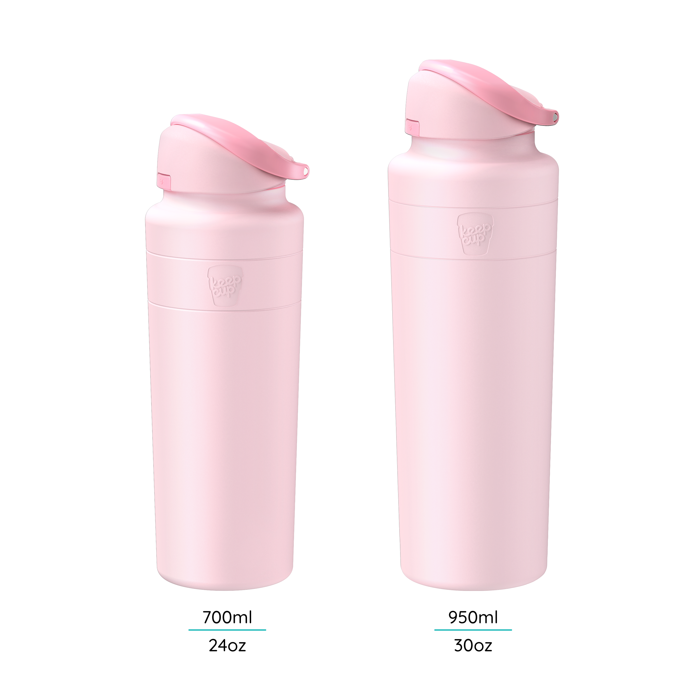 Two KeepCup Ora Bottles in Pashmak Pink shown side by side against a white background, displaying the 700ml (24oz) and 950ml (30oz) size options, each featuring a flip-top lid and the embossed KeepCup logo on the body.