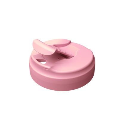 Pink silicone travel cup lid with flip-top spout and handle for portable drinking