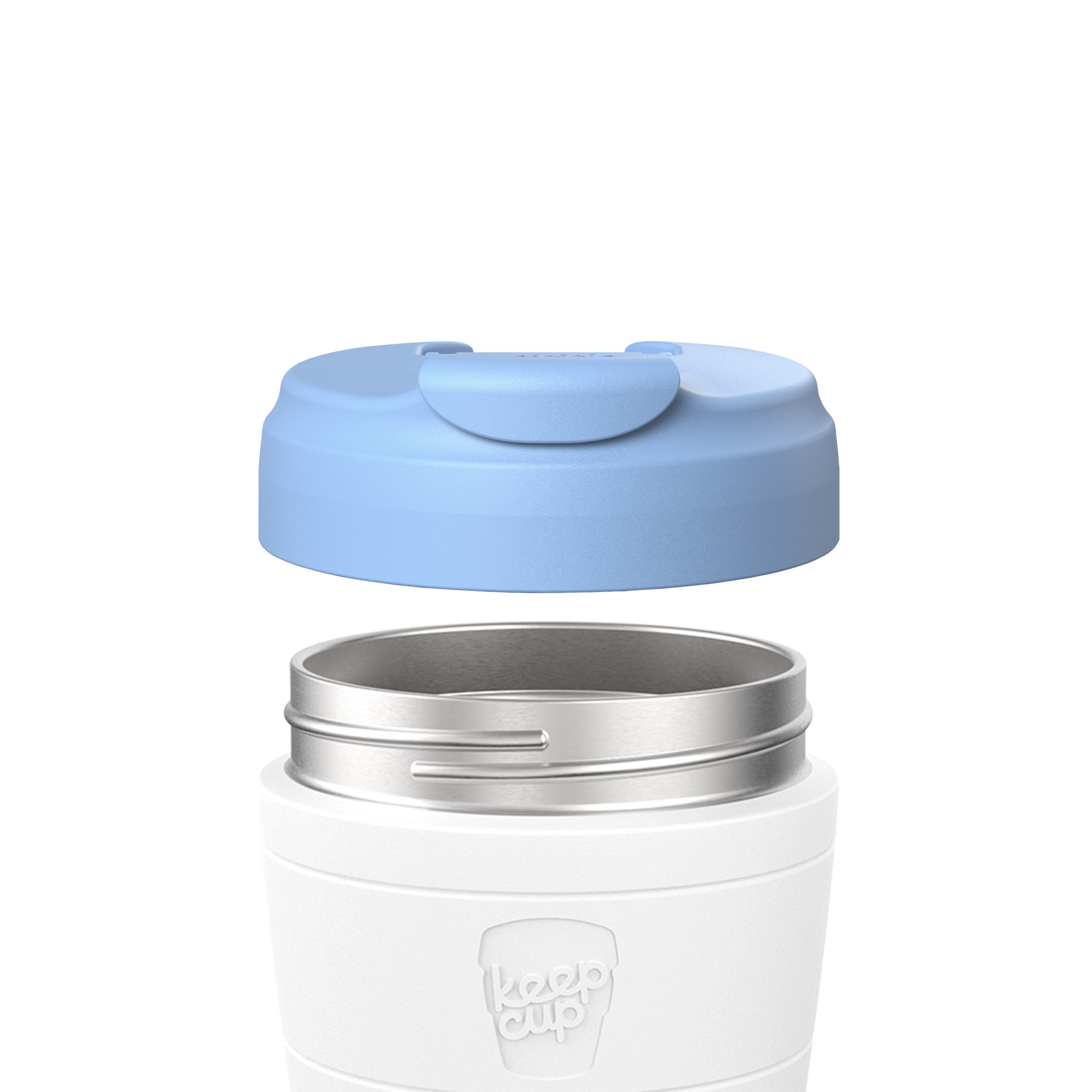 KeepCup Commuter Flip Lid in Orchid shown lifted above a white reusable cup with stainless steel rim, displaying how the light blue lid attaches to the cup body.
