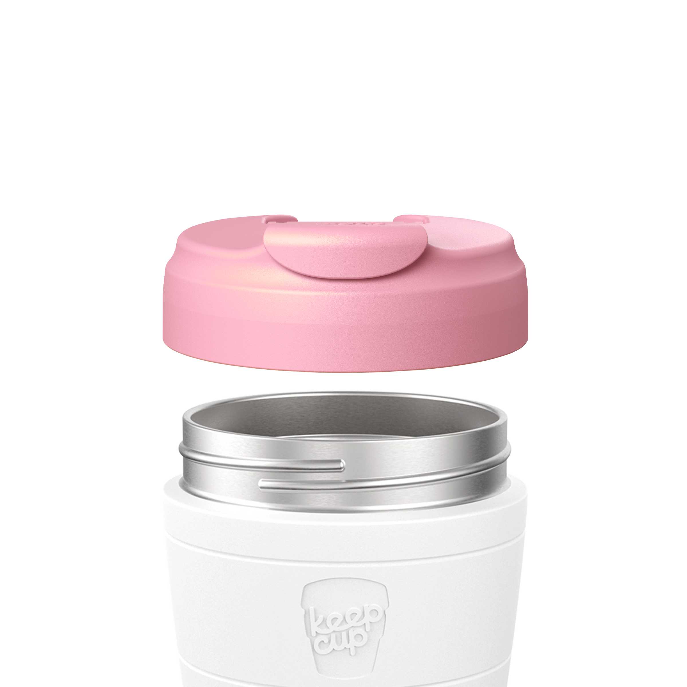 White reusable coffee cup with pink silicone lid and stainless steel band, shown with lid floating above cup