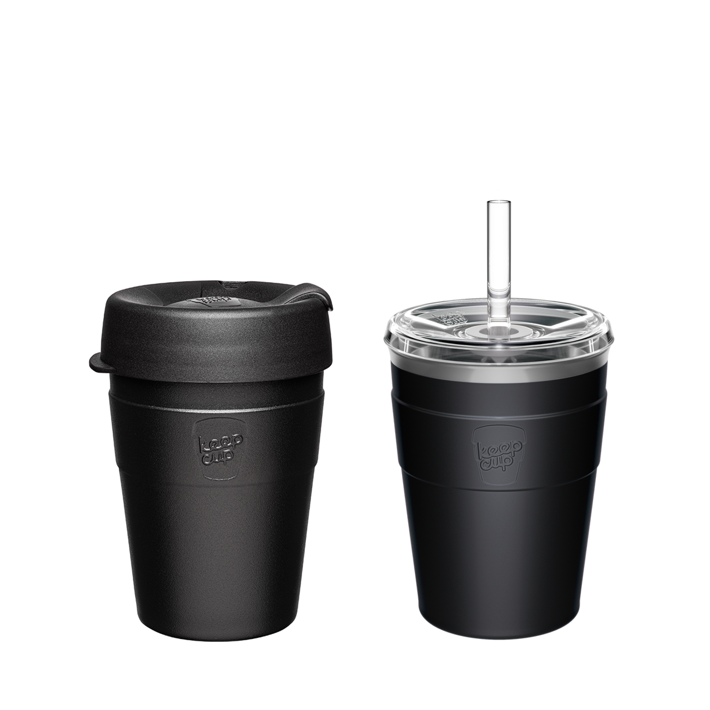 Two black KeepCup reusable coffee cups - one with black lid, one with clear lid and straw, showing eco-friendly travel mug options