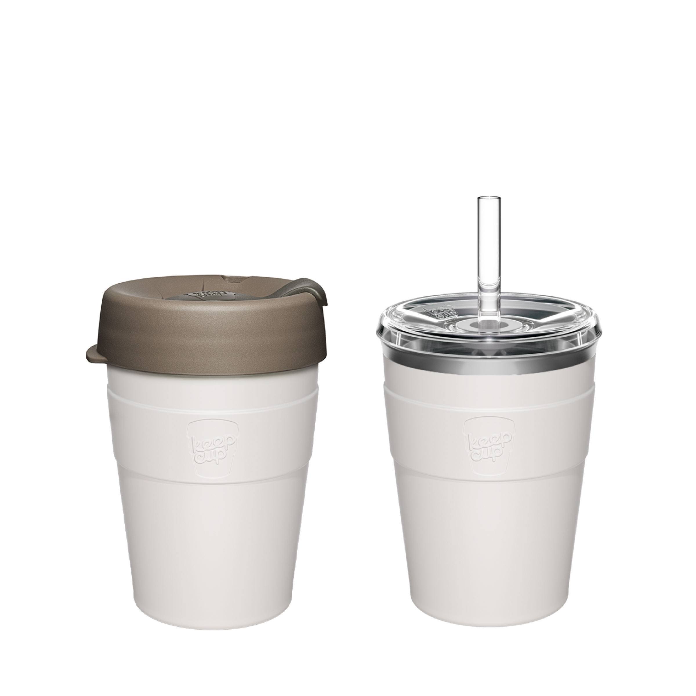 Two white KeepCup reusable coffee cups with gray lids - one with flip-top lid, one with clear straw lid