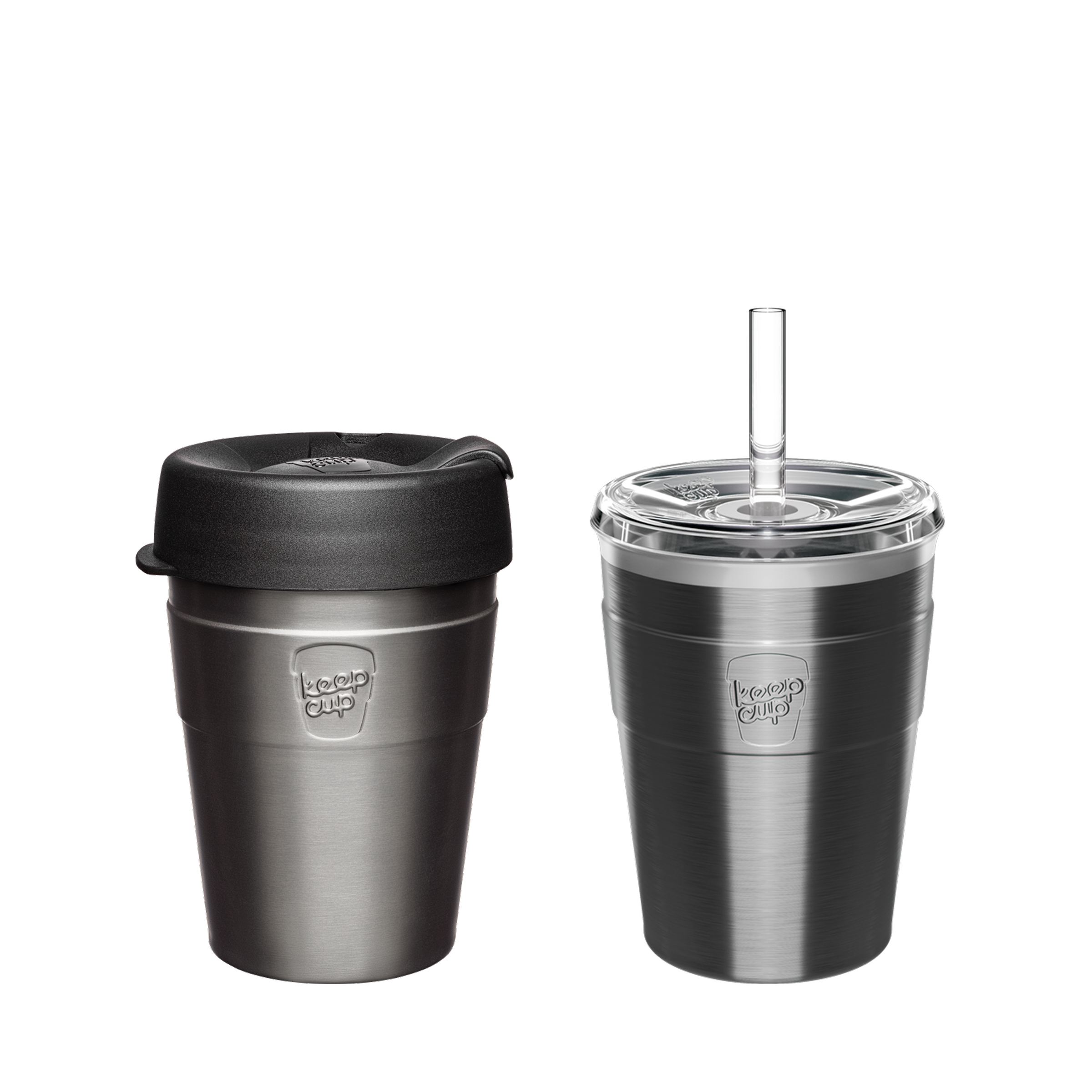 Stainless steel KeepCup thermal travel mug set with black lid and clear straw lid, gunmetal gray finish
