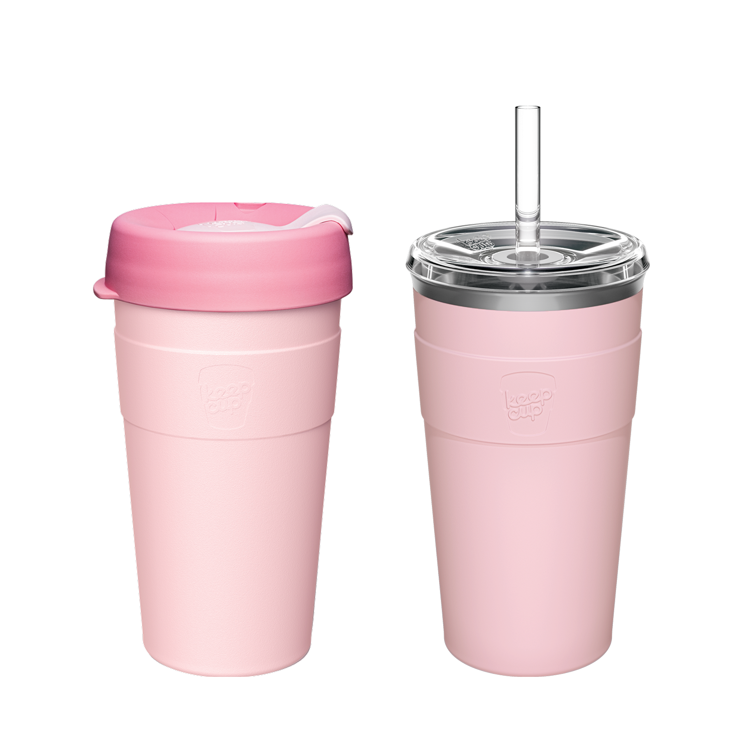 Two pink reusable travel cups - one collapsible coffee cup with darker pink lid and one insulated tumbler with straw and clear lid
