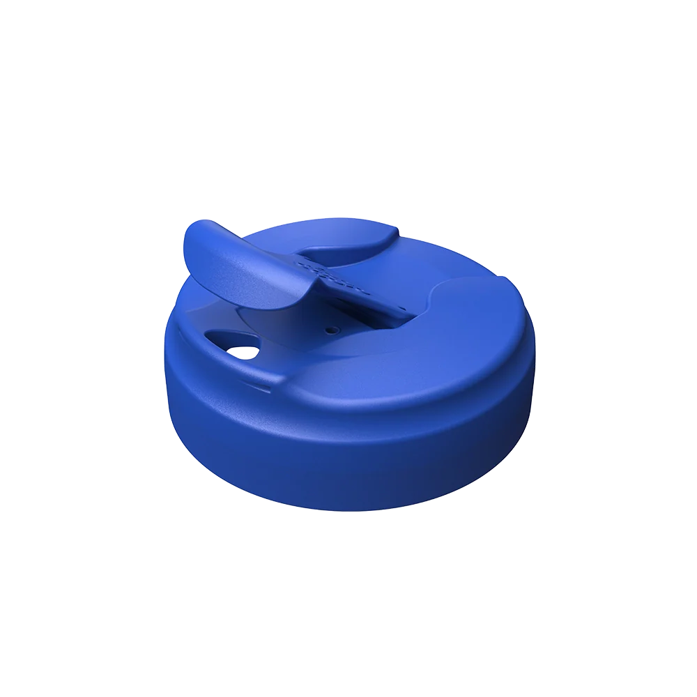 KeepCup Commuter Flip Lid in Electric Blue shown at a three-quarter angle on a white background, with the flip-top closure open to reveal the drinking spout.