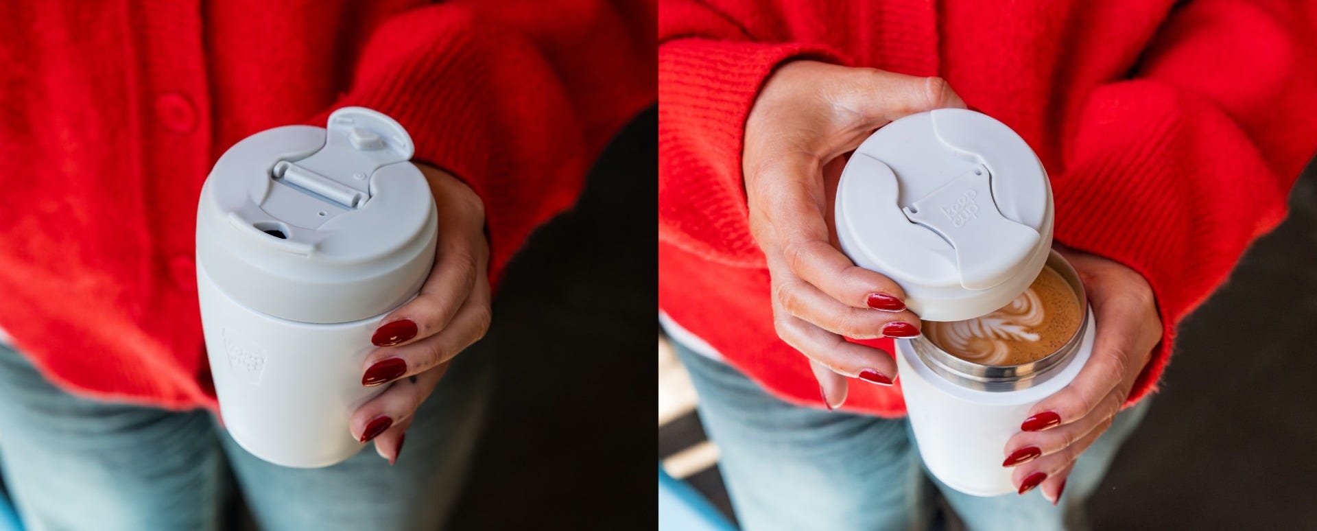 Woman lifting KeepCup Commuter lid off screw fit travel Mug