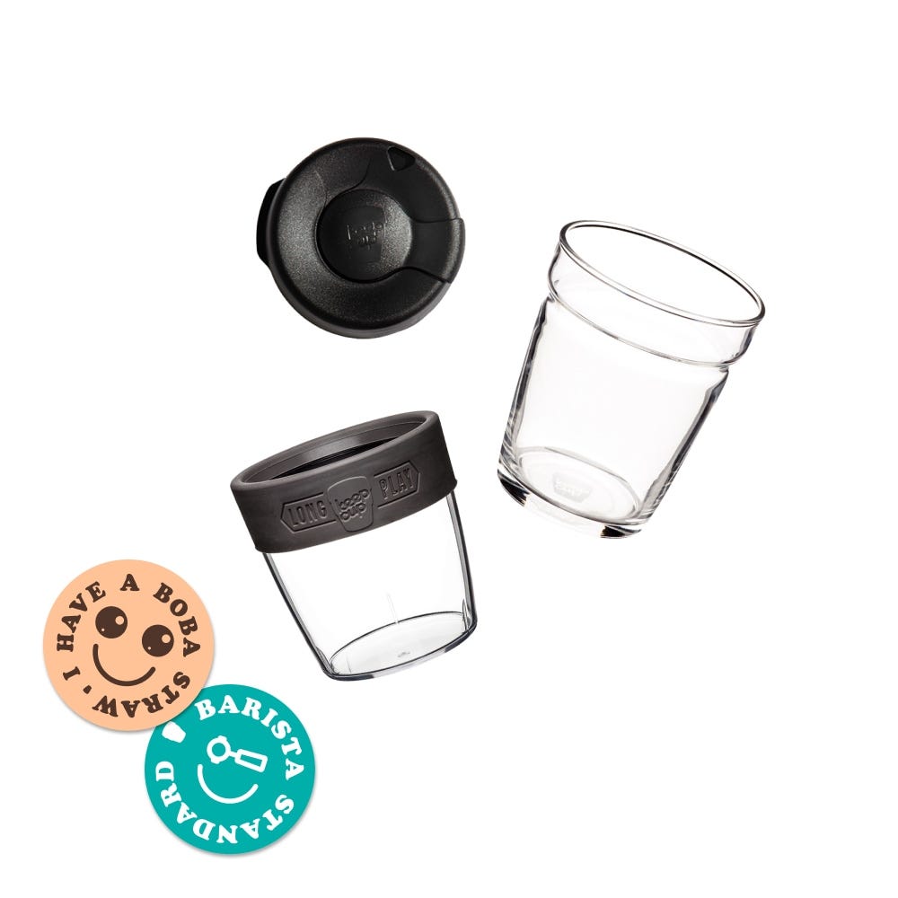 KeepCup Longplay glass cup base, plastic sleeve and lid