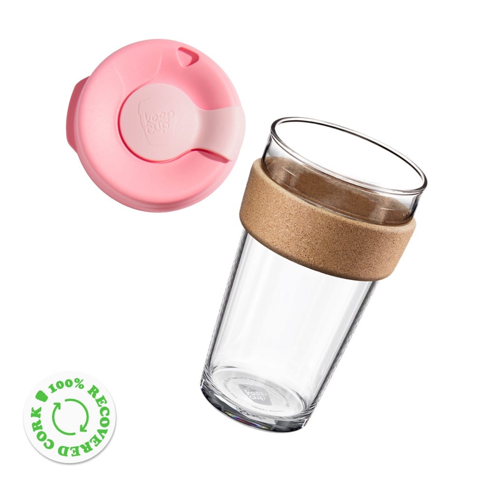 KeepCup Brew Cork glass reusable cup components. Glass base and plastic lid
