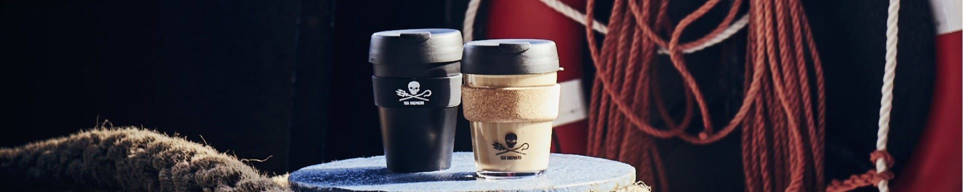 KeepCup Sea Shepherd Original and Brew Cork on marine bollard.