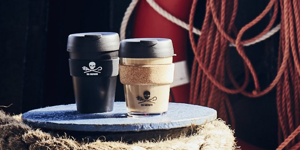 KeepCup Sea Shepherd Original and Brew Cork on marine bollard.