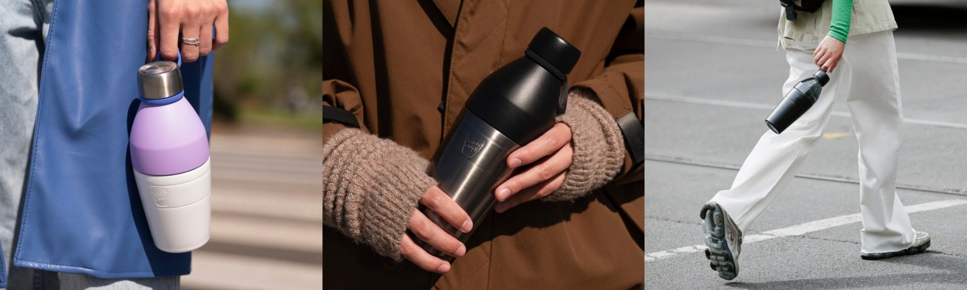 3 images showing KeepCup Helix Bottle in hand, Nitro Black Bottle, and woman holding mixed bottle walking down the street 