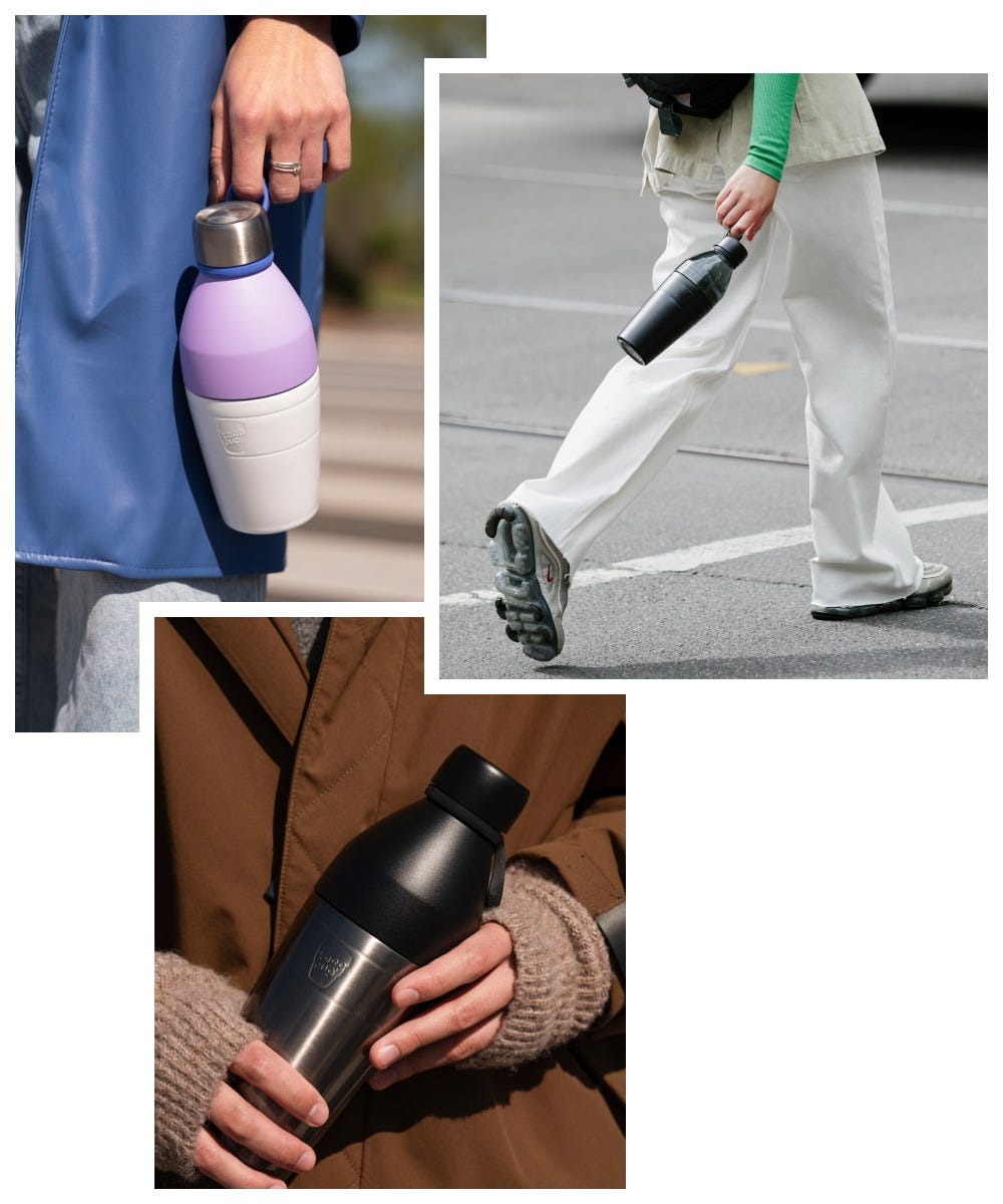3 images showing KeepCup Helix Bottle in hand, Nitro Black Bottle, and woman holding mixed bottle walking down the street 