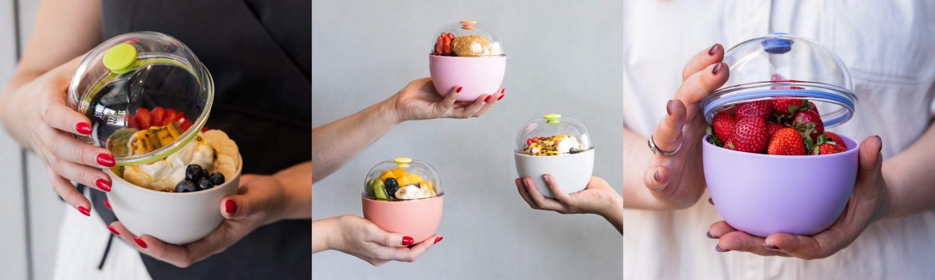 3 images showing a woman holding a KeepCup Go Bowl in Bone filled with fruit and acai, three people holding up Go Bowls in their hands, a woman holding a KeepCup Go Bowl in Lilac filled with strawberries.