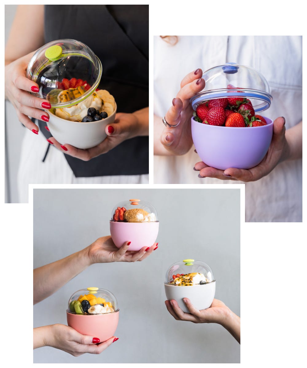 3 images showing a woman holding a KeepCup Go Bowl in Bone filled with fruit and acai, three people holding up Go Bowls in their hands, a woman holding a KeepCup Go Bowl in Lilac filled with strawberries.