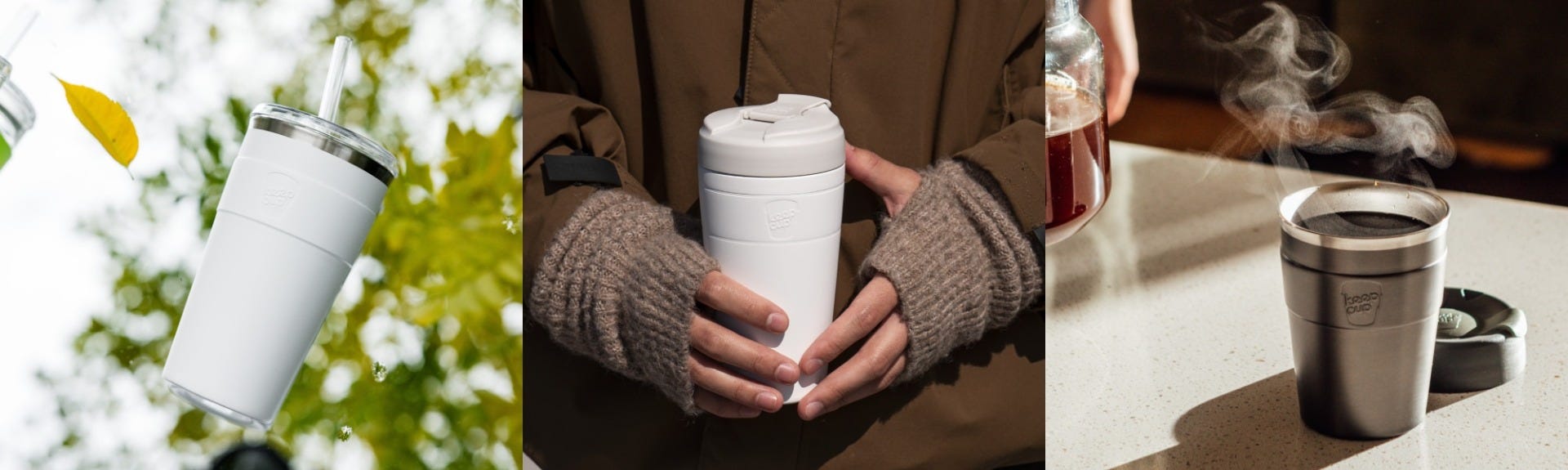 3 images showing a KeepCup Cold Cup Thermal laying on a mirror, a person holding a 16oz Commuter, a Thermal cup sitting on a bench filled with coffee