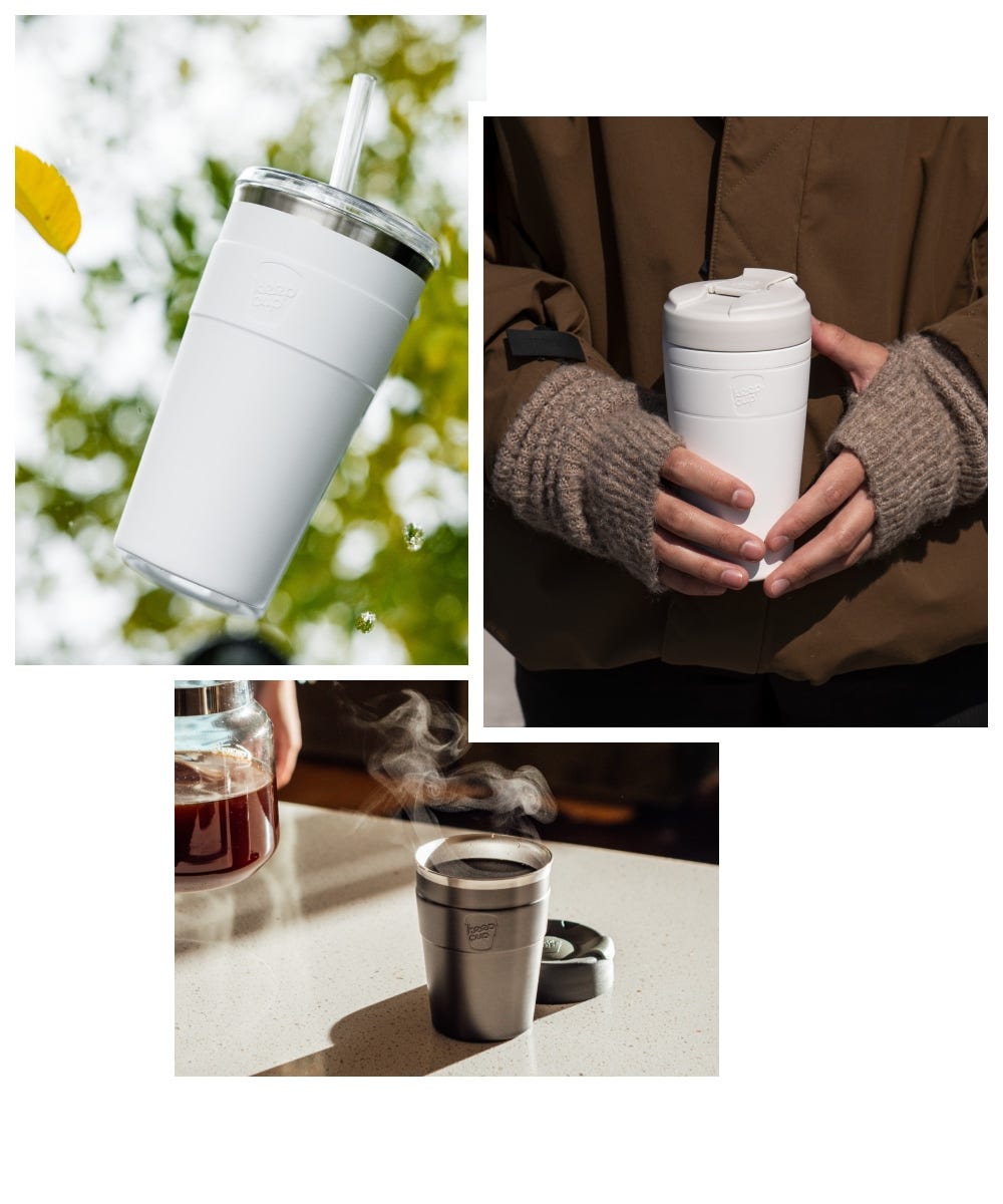 3 images showing a KeepCup Cold Cup Thermal laying on a mirror, a person holding a 16oz Commuter, a Thermal cup sitting on a bench filled with coffee