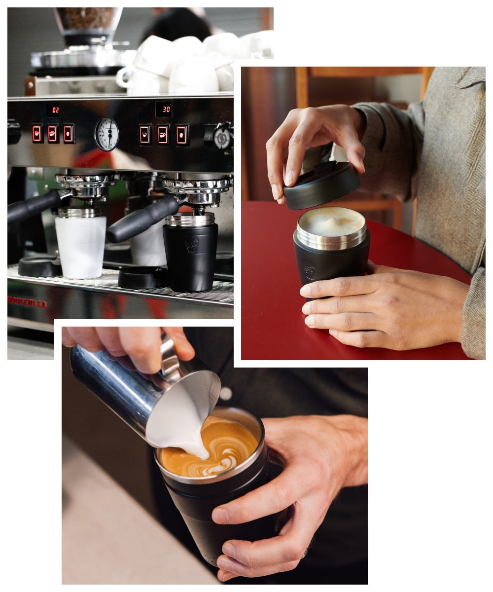 3 images showing a person pouring milk for a coffee with KeepCup Thermal, two Traveller mugs under the grouphead in a coffee machine, and a woman taking the lid off a KeepCup Traveller cup full of coffee