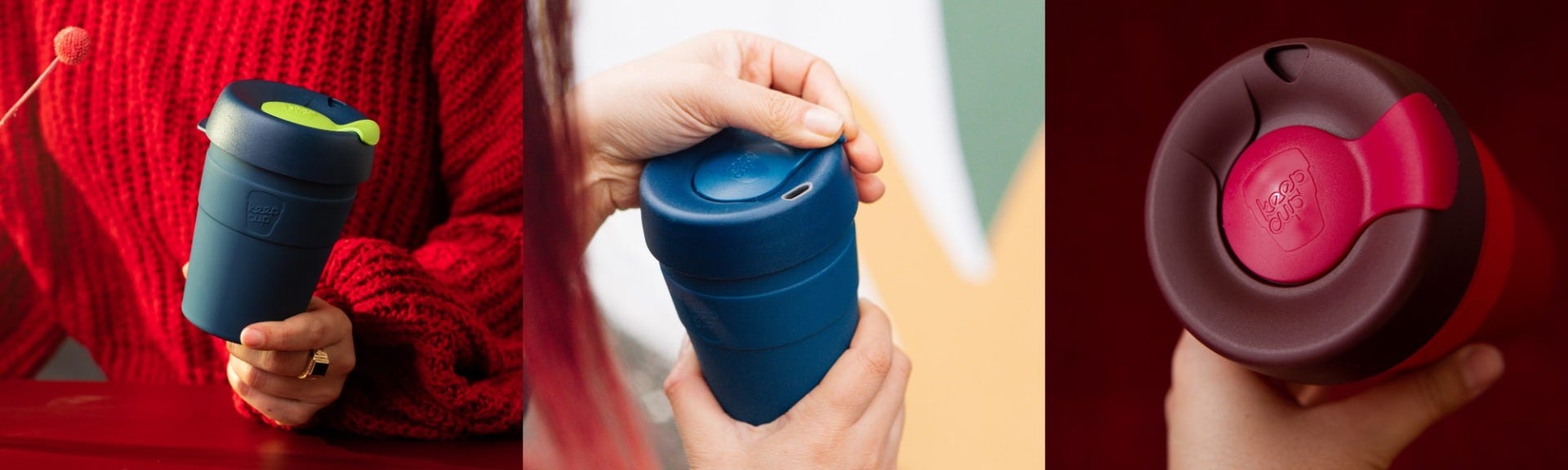 3 images showing a woman holding a KeepCup Thermal cup, a woman pressing on the lid of a Thermal cup, a person holding and showing a press fit Thermal lid