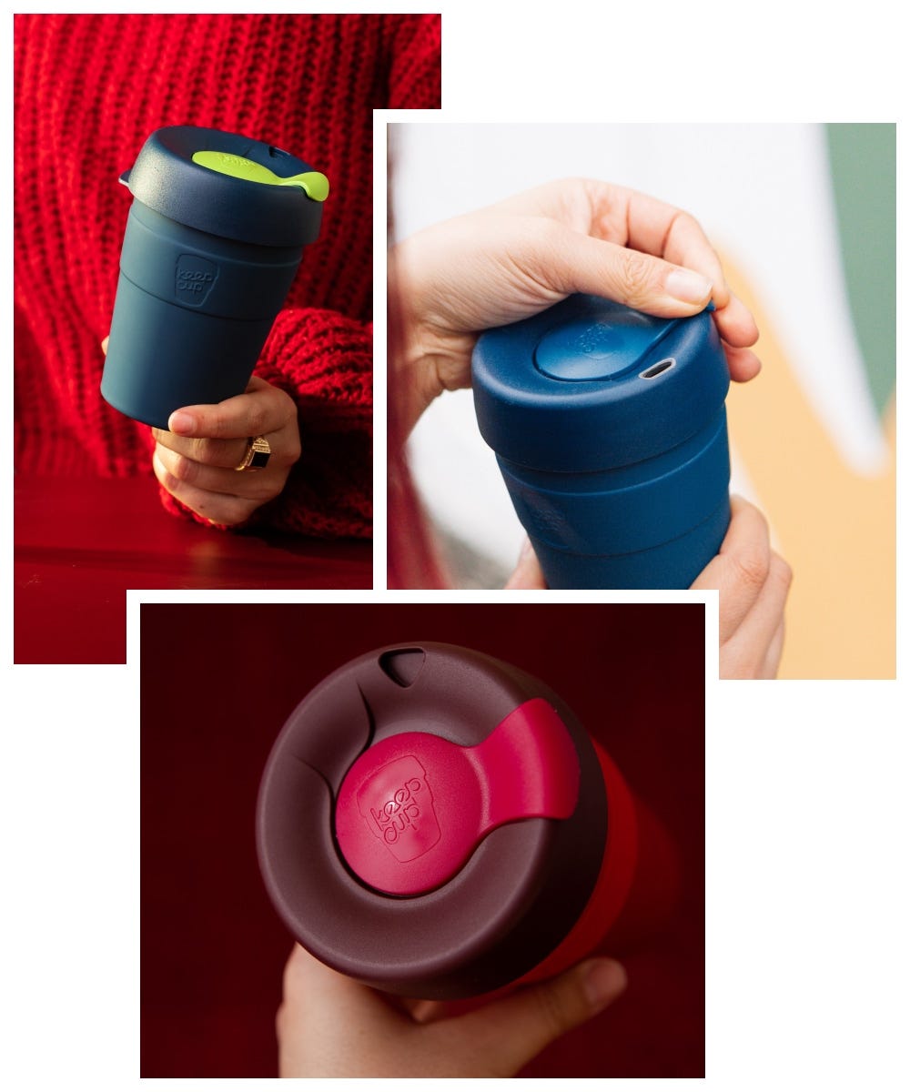 3 images showing a woman holding a KeepCup Thermal cup, a woman pressing on the lid of a Thermal cup, a person holding and showing a press fit Thermal lid